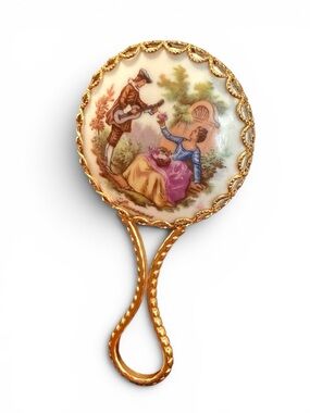 Vintage Limoges Porcelain Golf Hand Mirror Romantic Courting Couple France